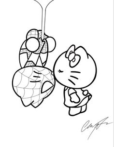 a cartoon character hanging from the ceiling with a spider on it's head and another character