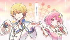 two anime characters standing next to each other in front of a pink and yellow background