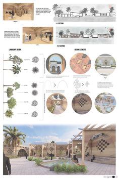 an architectural presentation board showing the various stages of construction and materials for a building with multiple sections