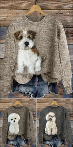 four different pictures of dogs in sweaters on a hanger, one is white and the other is brown