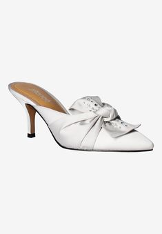 Effortlessly chic fabric pointy toe high mule with bow wrap upper. This slide clog/mule is made of patent/moiree faille or satin with a synthetic lining and Memory Foam Sandals, Steel Grey, Slides Shoes, Evening Attire, Platform Wedges, Ankle Strap Sandals, New Shoes, Mule, Heeled Mules