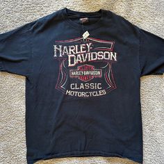 Bought From A Vintage T-Shirt Shop And Never Wore It Vintage Black Top With Text Print, Vintage Black Tops With Letter Print, Classic Black Top With Graphic Print, Harley Davidson History, Harley Davidson Tee, Camo Shirts, Ribbed Shorts, Sheer Shorts, Harley Davidson Shirt