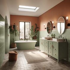 a large bathroom with two sinks and a tub