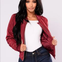 Bomber Jacket In Burgundy. Front Zipper Two Side Pockets With Snap Closure Outershell: 100% Polyester Filling: 100% Polyester Contrast Rib: 99% Polyester, 1% Spandex Lining: 100% Polyester Trendy Burgundy Outerwear With Zipper Closure, Fashion Nova Jackets, Burgundy Fashion, Burgundy Red, Front Zipper, Red Leather Jacket, Dream Closet, Fashion Nova, Bomber Jacket