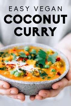 a person holding a bowl of coconut curry with the text easy vegan coconut curry