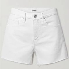 New With Tags Frame Denim Le Brigette High Waist Raw Edge Denim Shorts In Blanc White Size 29 Color: Rumpled Blanc Grind Button Closure Kick Back On Your Off-Duty Days In These Denim Shorts Designed With A High Waist And Raw-Cut Frayed Hem. European Designed And Made Made In Turkey 3 1/2" Inseam; 22" Leg Opening; 11 1/2" Front Rise; 14" Back Rise (Size 29) 100% Cotton Machine Wash, Tumble Dry Luxury Denim Chic White High Rise Shorts, Fitted White Shorts With Frayed Hem, White Summer Jean Shorts, White Jeans Shorts For Summer, White Short Length Jeans For Summer, White Short Length Summer Jeans, White Jeans With Frayed Hem In Short Length, White Short Jeans With Frayed Hem, White Short Length Jeans With Frayed Hem