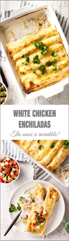 white chicken enchiladas in a casserole dish