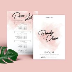 a pink and white brochure with the words beauty by design on it