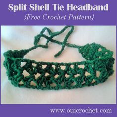 a green crochet headband with the words split shell tie headband