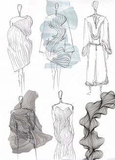 sketches of dresses on mannequins in various poses