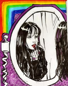 a drawing of a girl brushing her teeth in front of a mirror with rainbow background