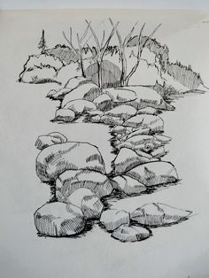 a drawing of rocks and trees in the water