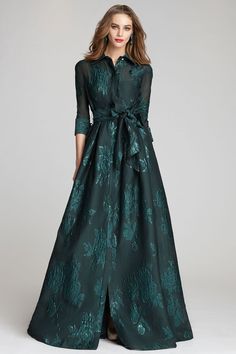 Metallic Jacquard Shirtdress Gown with Floral Print Dressy Evening Belted Dress, Belted Fitted Dress For Gala, Elegant Belted Midi Dress For Evening, Fitted Belted Dress For Gala, Belted Floor-length Party Dress, Floor-length Belted Party Dress, Belted A-line Evening Dresses, Formal Fitted Belted Shirt Dress, Fitted Belted Shirt Dress For Formal Occasions