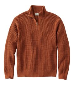 Our heaviest-weight cotton sweaters. There's nothing like the comfort of organic cotton, especially when it comes to this cozy, machine-washable quarter-zip sweater. Traditional Fit: Relaxed through the chest, sleeve and waist. 100% organic cotton. Machine wash, dry flat. Thick waffle-stitch knit adds rugged texture. Ribbed collar, cuffs and hem. Quarter zip styling. Imported. | Men's Organic Cotton Waffle Sweater, Quarter Zip Burnt Orange Mens Sweater, Half-zip Fall Outdoor Sweater, Half-zip Fall Sweater For Outdoor, Classic Waffle Knit Sweater For Fall, Quarter Zip Men, Mens Knit Sweater, Cotton Sweaters, Waffle Sweater, Waffle Stitch