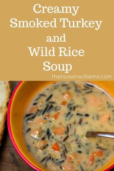 creamy smoked turkey and wild rice soup in a yellow bowl