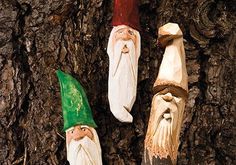 three gnomes are sitting on the bark of a tree