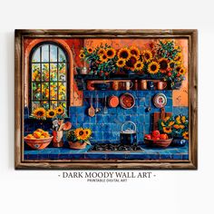 a painting of sunflowers and pots on a kitchen counter with the words dark mood wall art