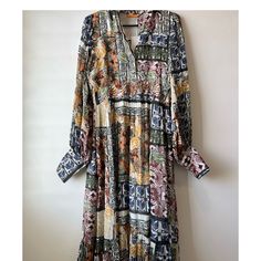 Oliphant Maxi Dress Size-Small Approx. 51.5”L Silk Long Sleeve Printed Midi Dress, Long Sleeve Viscose Maxi Dress For Casual Wear, Printed Silk Long Sleeve Maxi Dress, Elegant Multicolor Viscose Midi Dress, Multicolor Long Sleeve Viscose Dress, Elegant Multicolor Tunic Maxi Dress, Patterned Long Sleeve Silk Dress, Patterned Silk Long Sleeve Dress, Multicolor Viscose Midi Dress