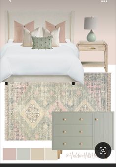 a bedroom is shown with neutrals and pastel colors