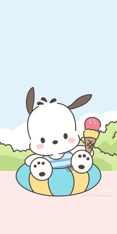 a cartoon character sitting on top of an inflatable ball with two ice cream cones