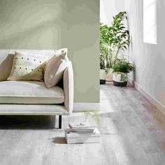 a white couch sitting on top of a hard wood floor next to a potted plant