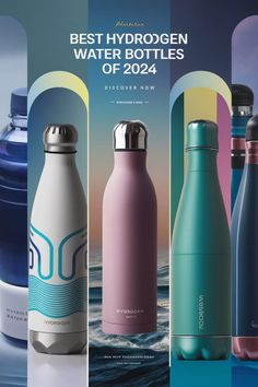 Best hydrogen water bottles of 2024 displayed against a colorful background. Hydrogen Water, Water Tumbler, Home Work, Free Radicals, Stay Hydrated, Advanced Technology, Top Rated, Improve Yourself, Water Bottles