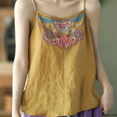 Peilia - Ethnic Spaghetti Sleeveless Summer Tang Suit with Exquisite Floral Embroidery - Womens Fashion Apparel Bohemian Multicolor Camisole, Bohemian Embroidered Cotton Tank Top, Bohemian Cotton Embroidered Tank Top, Bohemian Multicolor Sleeveless Camisole, Embroidered Tank Top For Festivals, Yellow Bohemian Tank Top For Beach, Bohemian Tank Top With Floral Embroidery, Bohemian Cotton Tank Top With Spaghetti Straps, Bohemian Camisole For Festivals