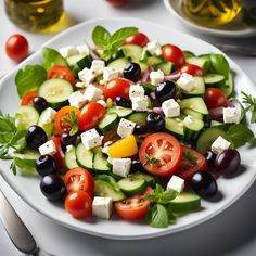 a salad with cucumbers, tomatoes, olives and feta cheese on a white plate