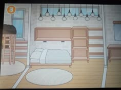 a drawing of a bedroom with bunk beds and hanging lights above the bed is shown on a flat screen tv