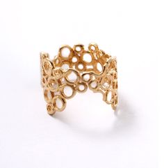 "This wide gold ring band for women is a unique V-ring that curves and flows into two points. A unique wide gold ring design that you can wear pointing upwards OR facing down. A very light and \"airy\" wide gold ring band that is both low key but stunning and original. The ring's organic shape is inspired by beehives and honeycombs. Maya Mor Jewelry is dedicated to contemporary and avant-garde jewelry and to one-of-a-kind pieces that are personally designed and created by Maya.  The jewels are h Unique Yellow Gold Wide Band Open Ring, Yellow Gold Open Band Wide Ring, Gold Wide Band Ring With Modern Twist, Molecule Jewelry, Wide Gold Ring, Honeycomb Ring, Avant Garde Jewelry, Unique Silver Rings, Bubble Ring