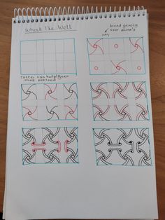 an open notebook with four different patterns on the pages, and one is drawn in blue ink