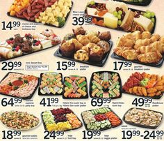 an advertisement with many different types of food on it's display trays, including pastries and desserts