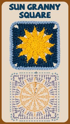 the sun granny square is shown in two different colors