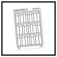 a black and white drawing of a bookcase with the words scribble prints co on it