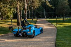 a blue race car parked on the side of a road next to a tree filled park