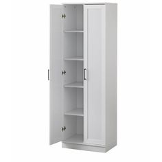 a tall white cabinet with shelves and doors