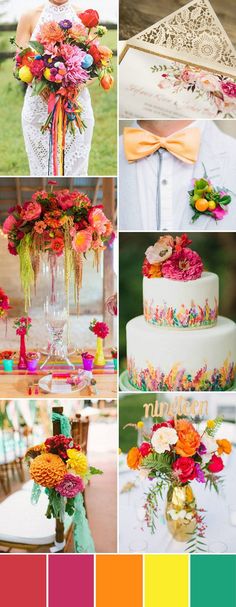 a collage of different wedding colors with flowers on top and bottom, including oranges, pinks, yellows, and green