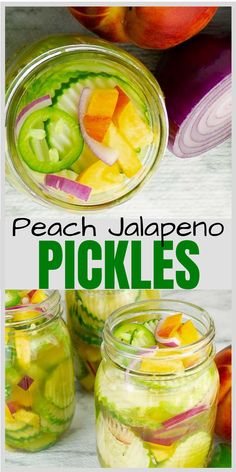 peach jalapeno pickles in mason jars with text overlay