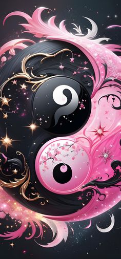 the yin - yang symbol is painted in pink and black with swirls on it