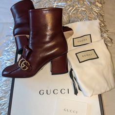 New W/ Tags Gucci Marmont Burgundy Fringe Booties. I Got These As A Gift And They Are A Little Small Since I Usually Wear A Size 37! Comes With Box, 2 Dustbags & Gucci Care Card. Serial Numbers Shown In Picture. Size 36 1/2 Gucci Calf Leather Boots For Fall, Designer Gucci Boots For Fall, Gucci Calf Leather Boots, Designer Fall Heels With Leather Sole, Burgundy Booties Outfit, Gucci Heels, Shoes Gucci, Fringe Booties, Gucci Marmont