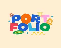 the logo for port folio is shown in multicolored letters on a beige background