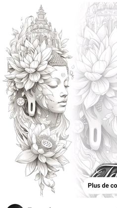 the back side of a woman's head with flowers in her hair and lotuses on