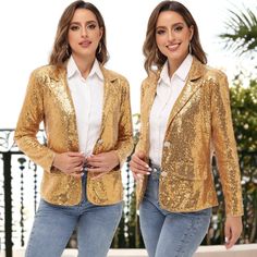 Introducing the Anna-Kaci Women's Long Sleeve Sparkle Sequin Two Button Blazer Jacket ‚Äö√Ñ√∂‚àö√ë‚àö‚àÇ‚Äö√†√∂‚àö√´‚Äö√†√∂¬¨¬?a radiant and stylish choice that effortlessly combines glamour with sophistication. This dazzling blazer is adorned with sequins, providing a sparkling touch that sets it apart from the ordinary. The classic two-button design adds a timeless element to the jacket, making it a versatile piece for both special occasions and elevating your everyday ensemble. Step into the Gold Blazer Women, Womens Oversized Blazer, Gold Blazer, Jacket Making, Sequin Blazer, Blazer Women, Open Front Blazer, Sequin Jacket, Cropped Denim Jacket