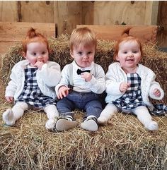 three babies sitting on hay in front of a wooden fence with hay bales behind them