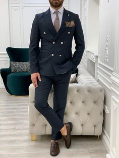 Palermo Navy Blue Slim Fit Double Breasted Suit – BOJONI Blazer Outfits Men, Suit Man, Gentleman Outfit