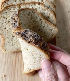 a person holding a piece of bread in their hand