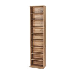 a tall wooden bookcase with five shelves