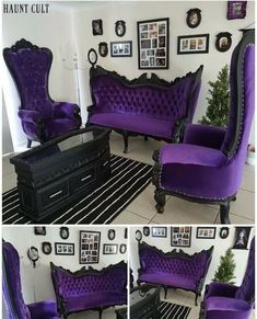 purple couches and chairs in a room with pictures on the wall