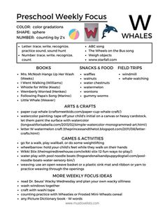 a poster with the words preschool weekly focus whales and other things to do in front of it