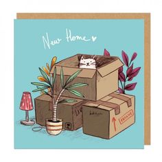 a card with a cat sleeping in a box next to a lamp and potted plant